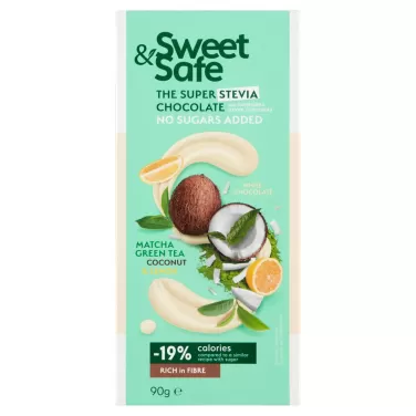 Sweet&safe fehér tejcsoki stevia-matcha-kókusz-citrom 90 g